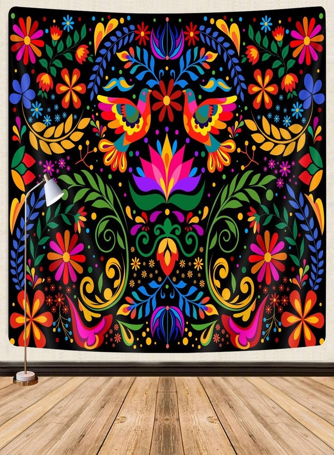 GOAOK Mexico Floral Tapestry, Colorful Mexico Flowers Bird Traditional Aesthetic Hippie Tapestries, Mexican Ornate Ethnic Pastel Plant Tapestry Wall Hanging for Bedroom Living Room 60"x40" - Image 1